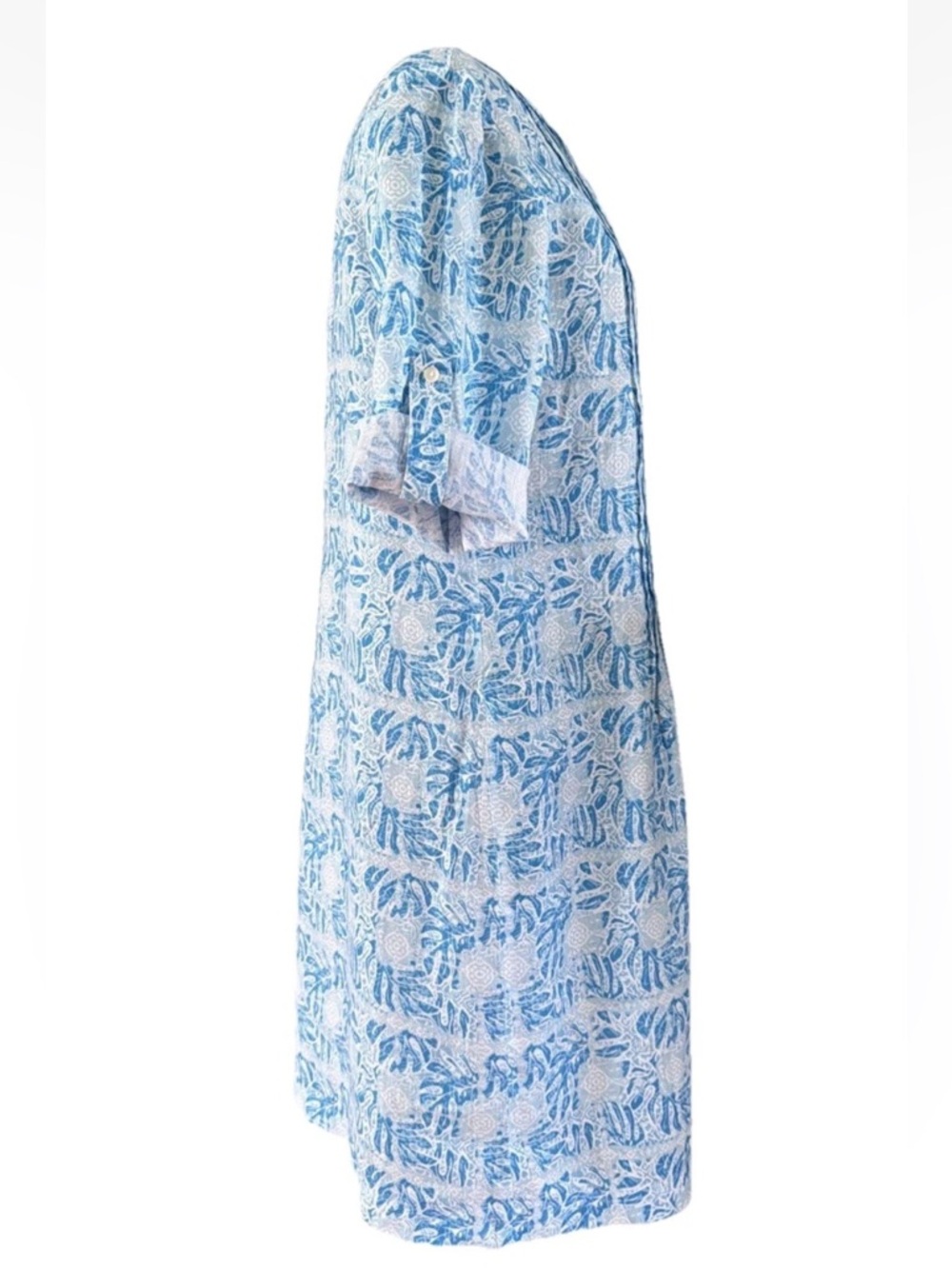 J. McLaughlin Riviera Print Blue Linen Shift Dress Pleated Roll Tab Sleeves Sz M - Picture 3 of 10